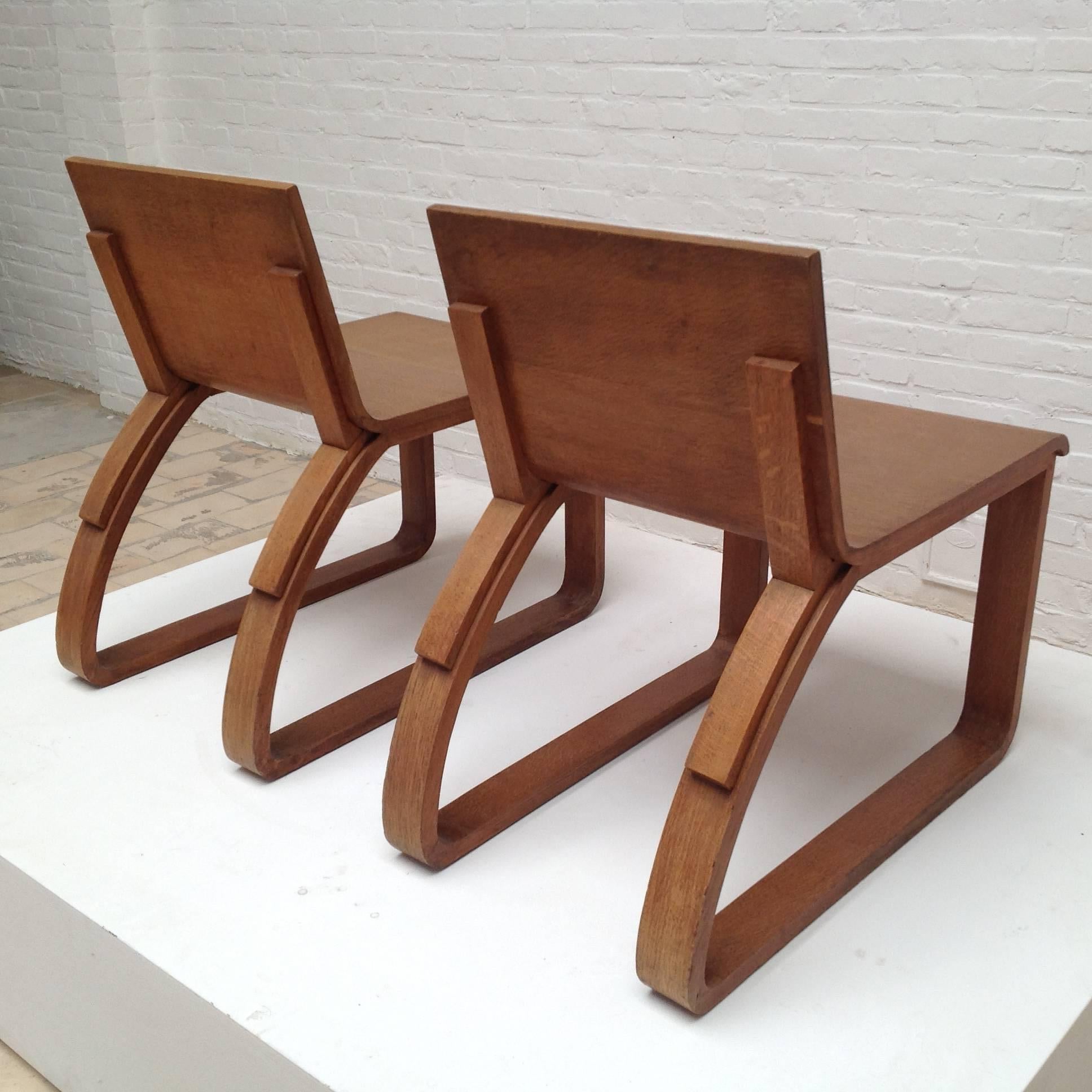 French Beautiful Pair of Oak Easy Chairs Design by Audoux Minet, circa 1950 For Sale