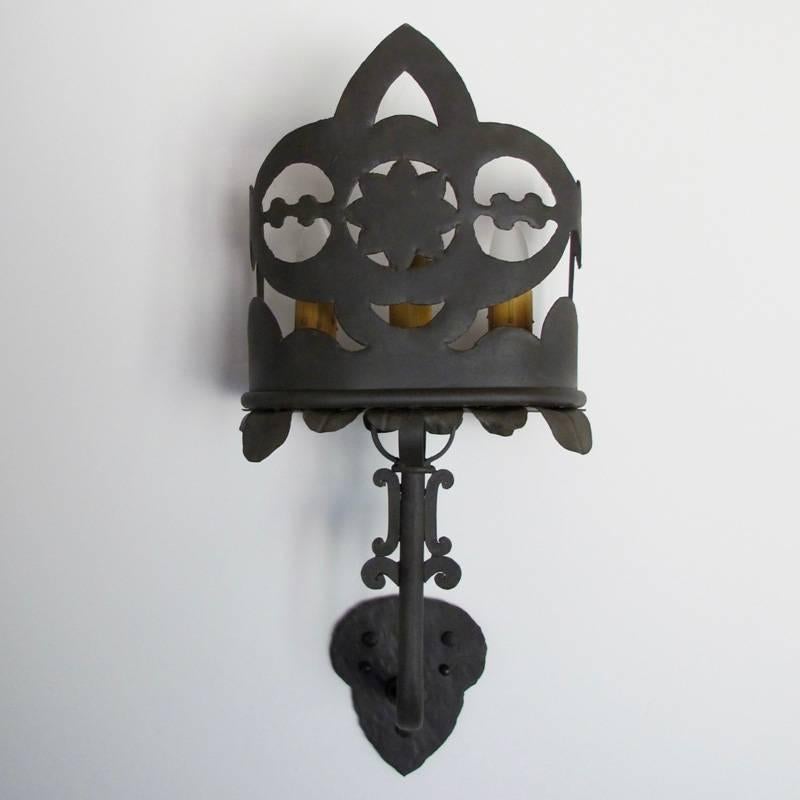 Forged Set of Six Hand Cut Iron Sconces For Sale