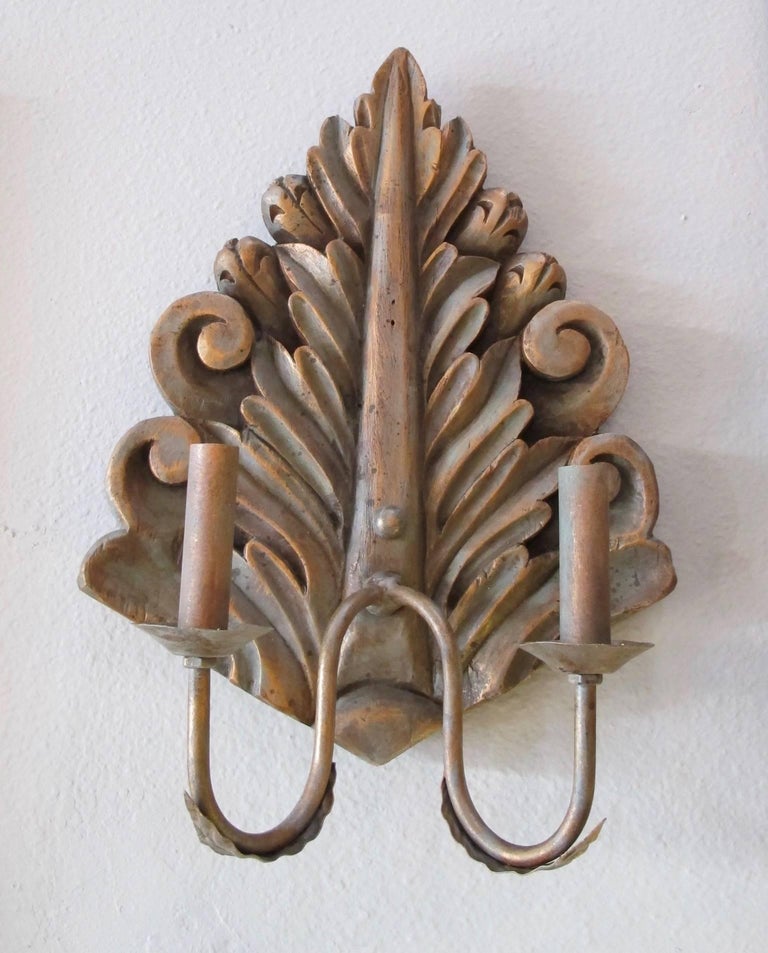 American Pair of Hand Carved Copper Verde Double Arm Sconces For Sale