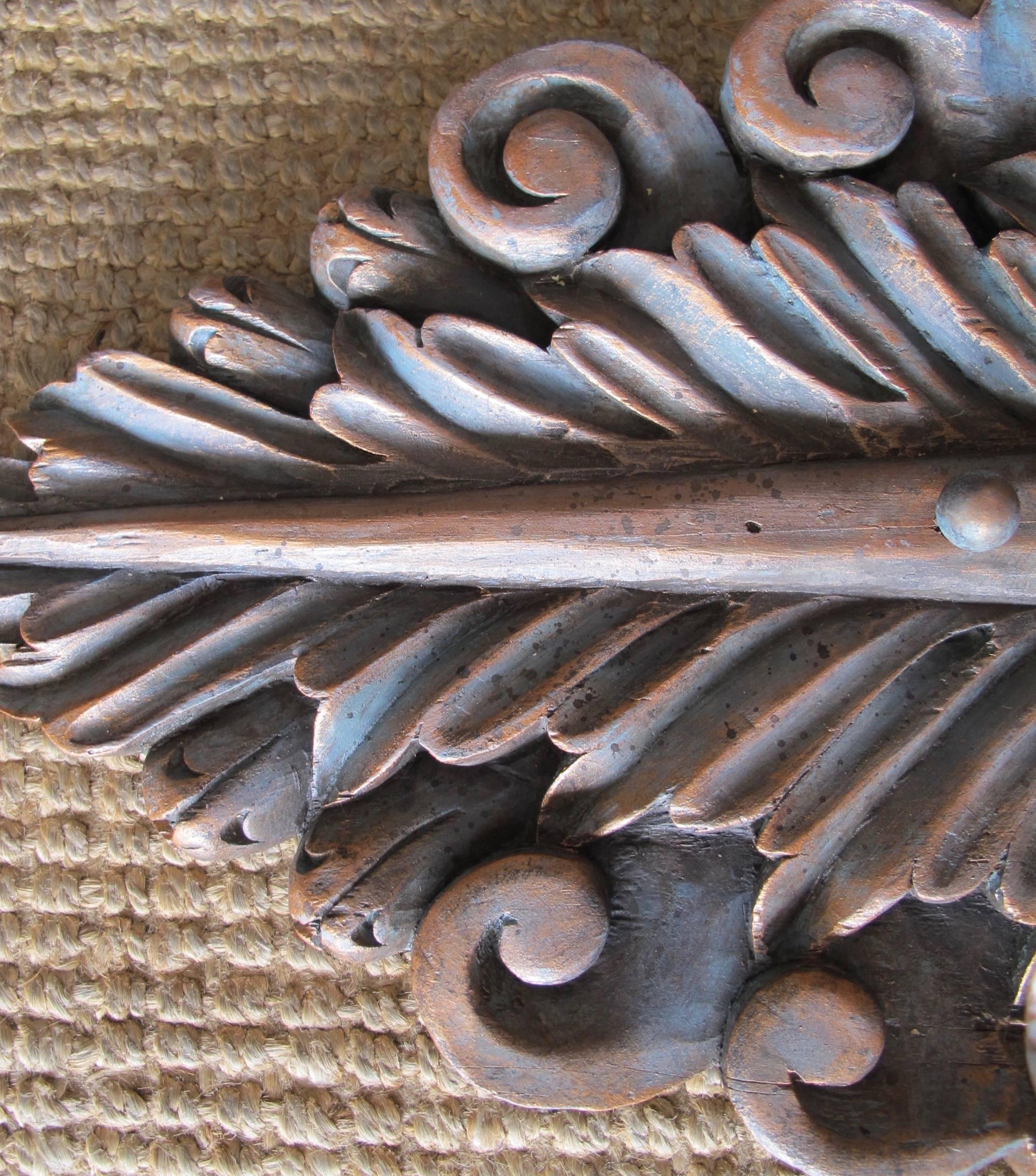 Hand-Carved Pair of Hand Carved Copper Verde Double Arm Sconces For Sale