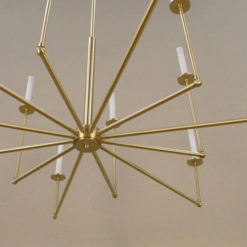 Brass chandelier with 12 lights. Part of the Chandelier Product Line.  Made to order. 12 candelabra base bulbs up to 60 watts/socket. UL Approved, Made in California. 