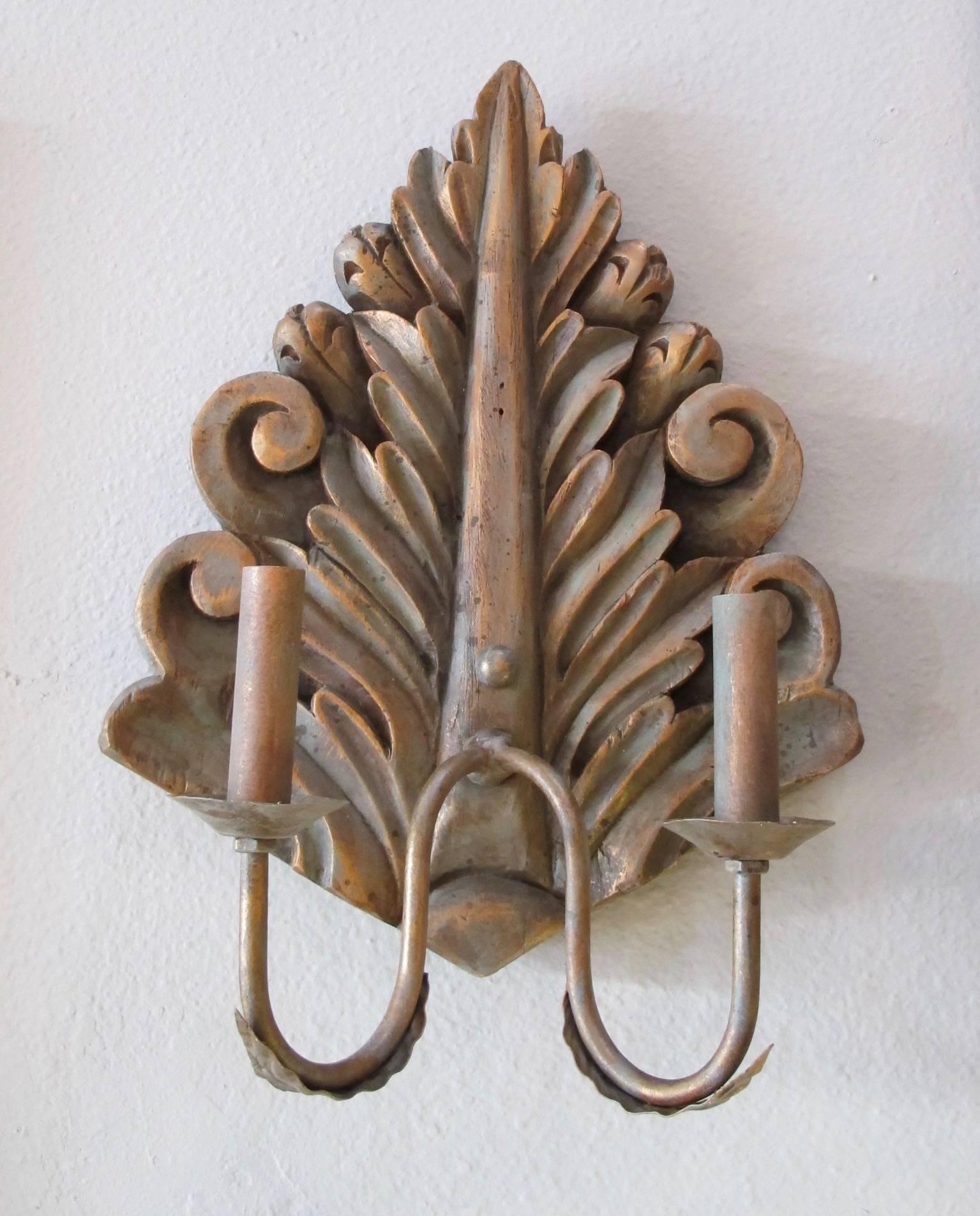 American ON SALE! Pair of Hand-Carved Wood Sconces
