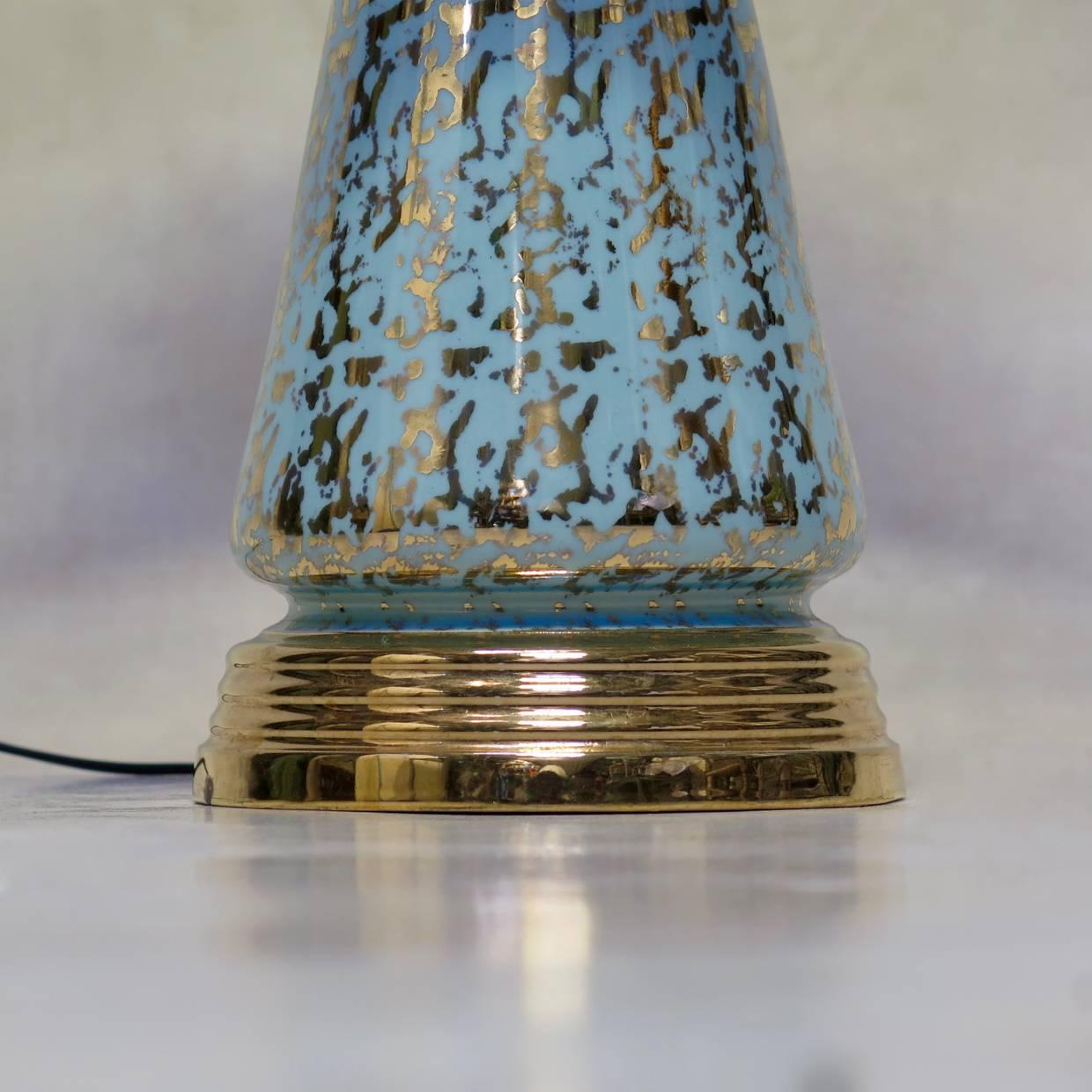 Pair of Gold Speckled Porcelain Lamps with Paper Shades, USA, 1950s For Sale 1