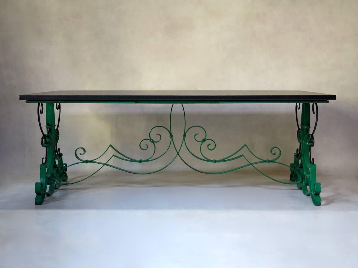 Art Deco French 1940s Wrought Iron and Slate Extending Dining Table For Sale