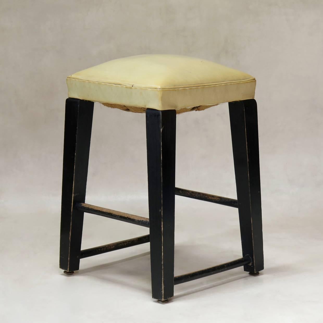 Mid-Century Modern Pair of Wood and Faux-Leather Stools, France, circa 1950s For Sale