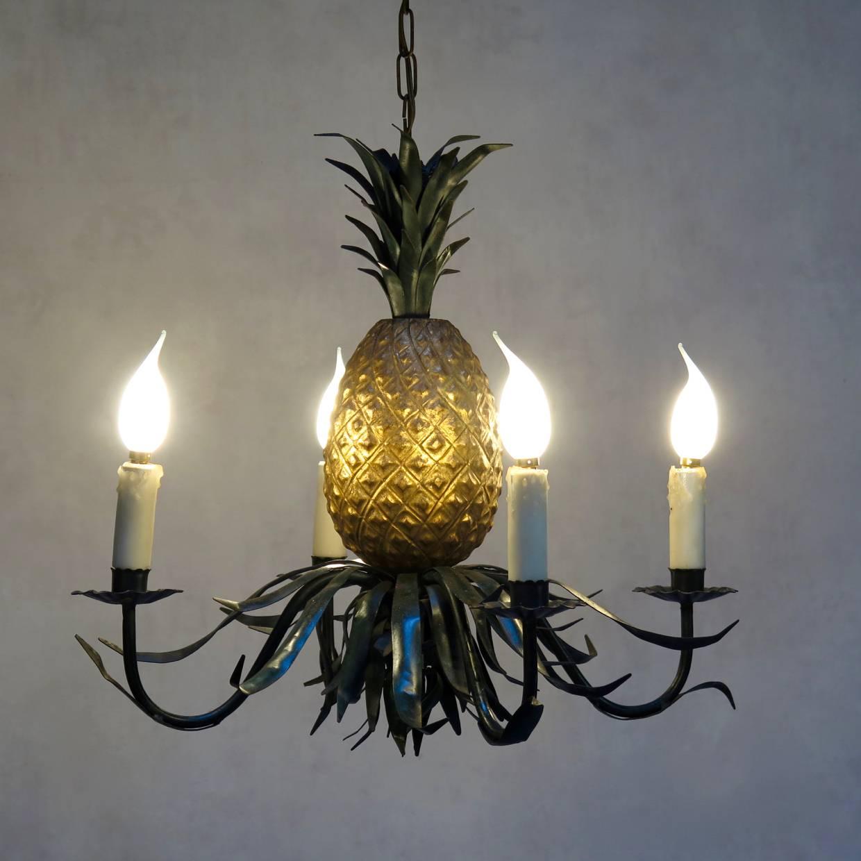French Painted Pineapple Chandelier, France, circa 1950s For Sale