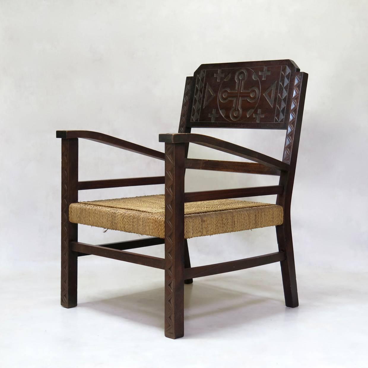 Mid-Century Modern Pair of French Mid-Century Armchairs Carved with Geometric African Motifs