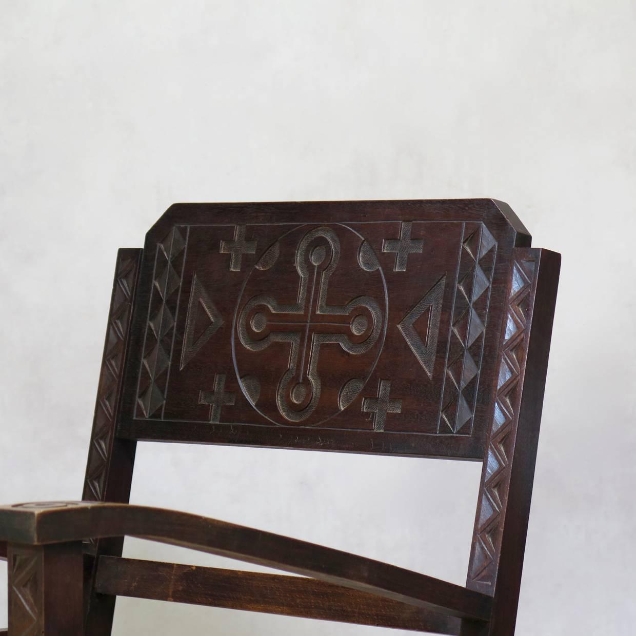 Pair of French Mid-Century Armchairs Carved with Geometric African Motifs 2