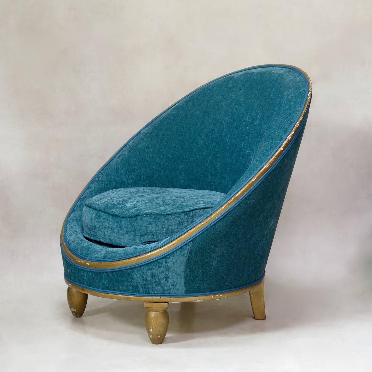 French Pair of Velvet Art Deco Slipper Chairs, France, circa 1930s