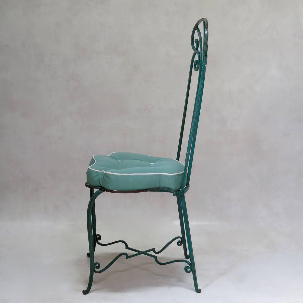 20th Century Set of Seven Art Nouveau Iron Chairs with Flower Seats, France, circa 1920s For Sale