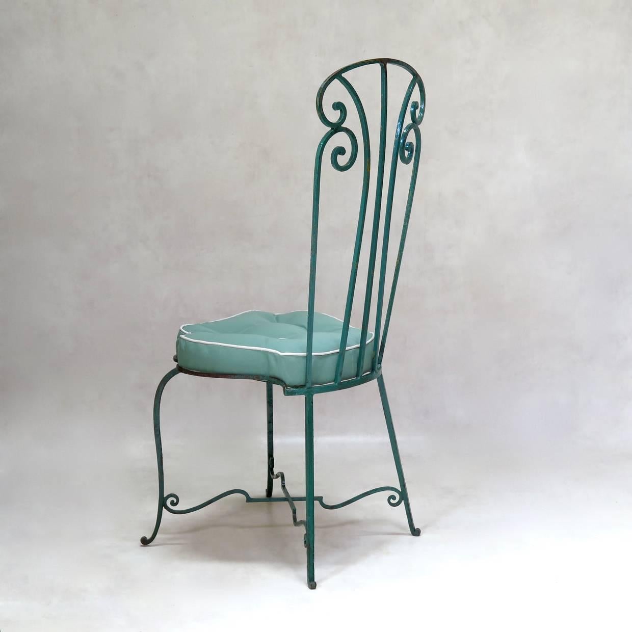 Set of Seven Art Nouveau Iron Chairs with Flower Seats, France, circa 1920s For Sale 1