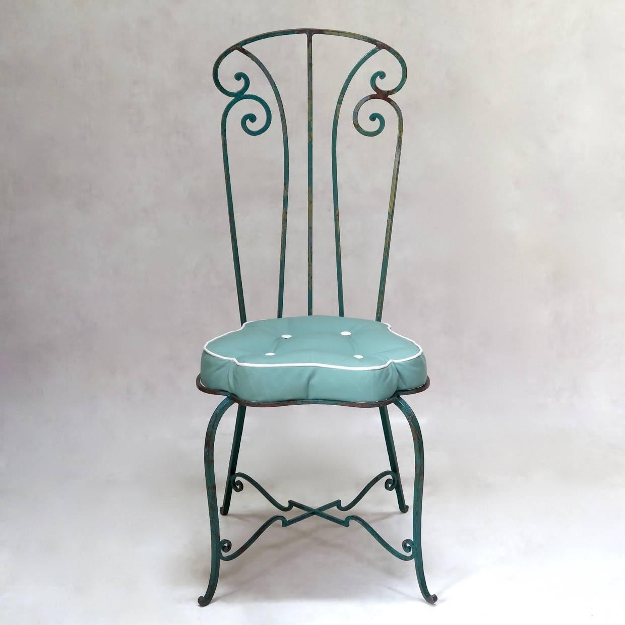 French Set of Seven Art Nouveau Iron Chairs with Flower Seats, France, circa 1920s For Sale