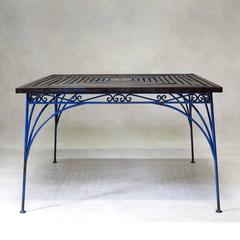 Lovely French 1930s Wrought Iron and Wood Garden Table with Four Armchairs