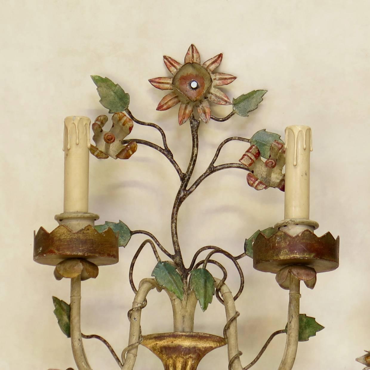 French Pair of Tole Peinte Polychrome Flower Sconces, France, circa 1940s