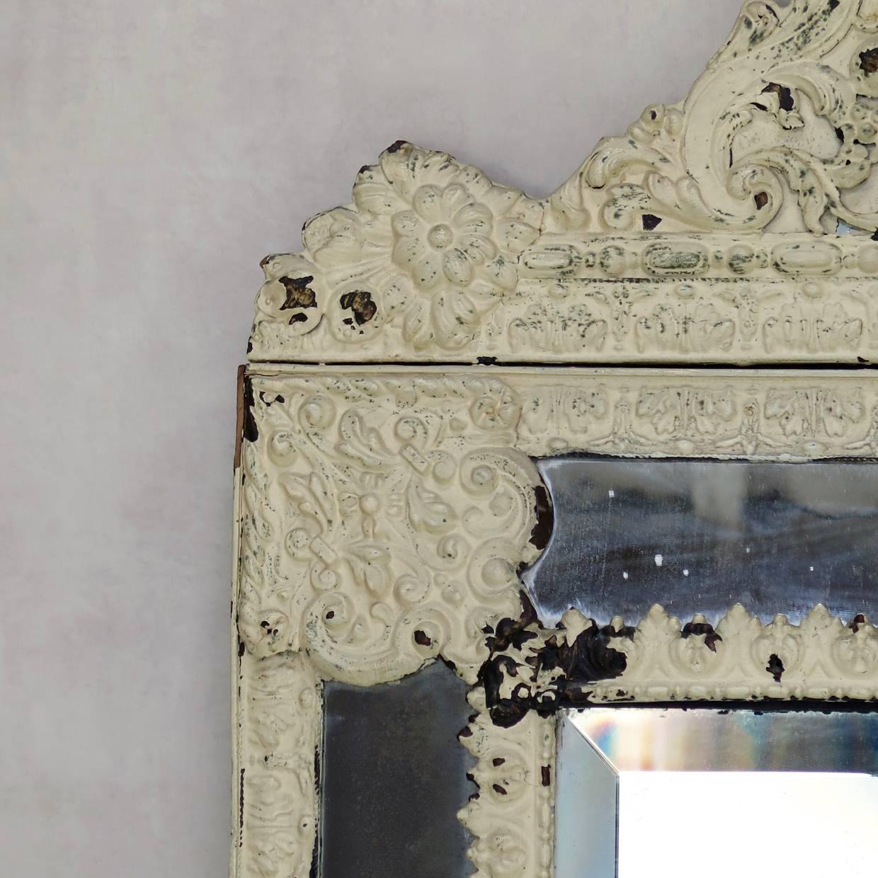 French Painted Repoussé Brass Parecloses Mirror, France, Late 19th Century For Sale