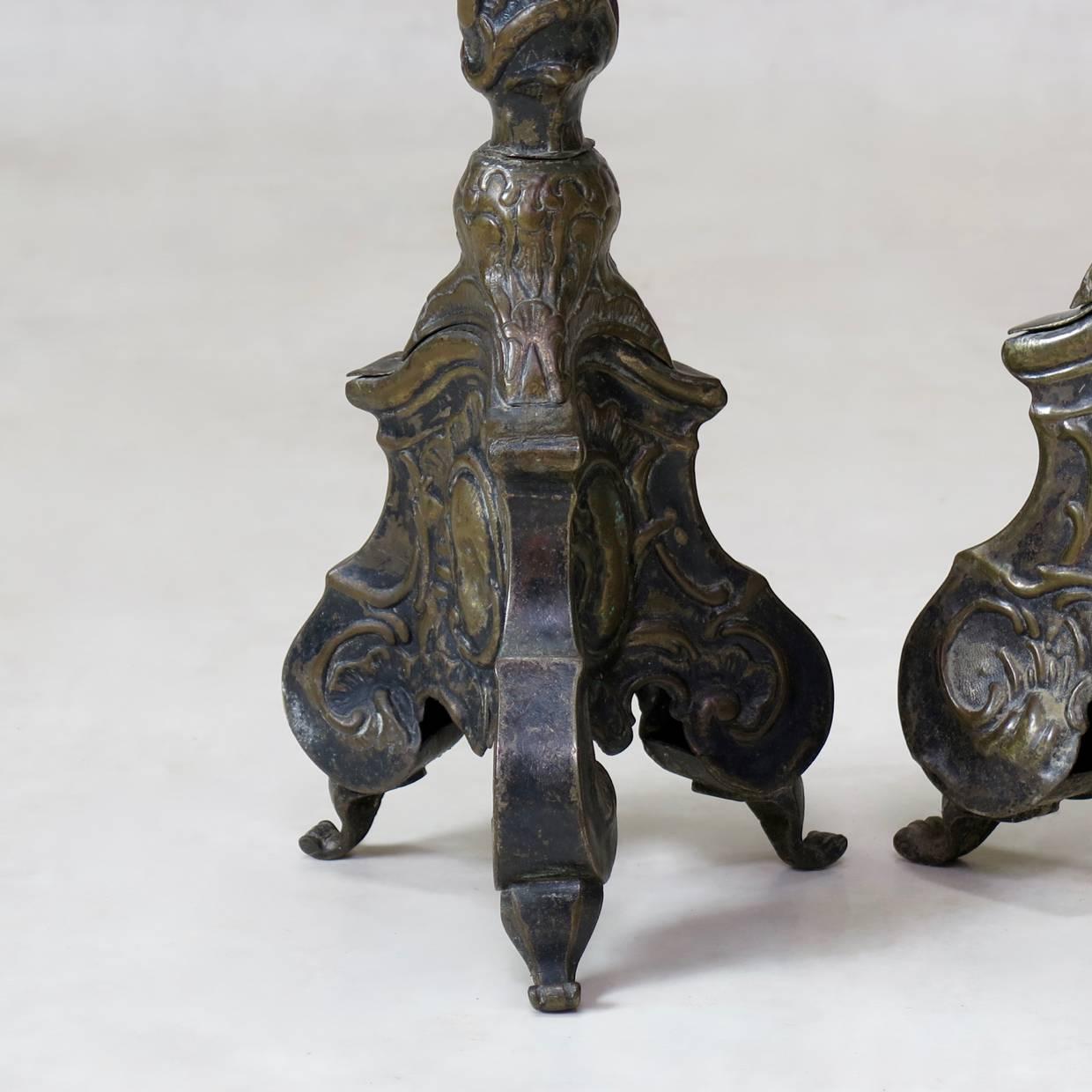 Pair of Louis XV Style Repoussé Copper Candlesticks, France, circa 1850s For Sale 3