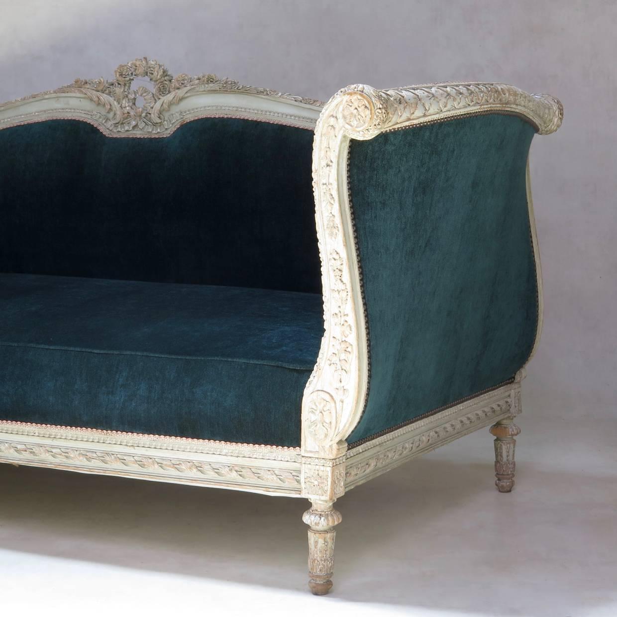 Louis XVI Style Teal Velvet Upholstered Settee, France, 19th Century 3