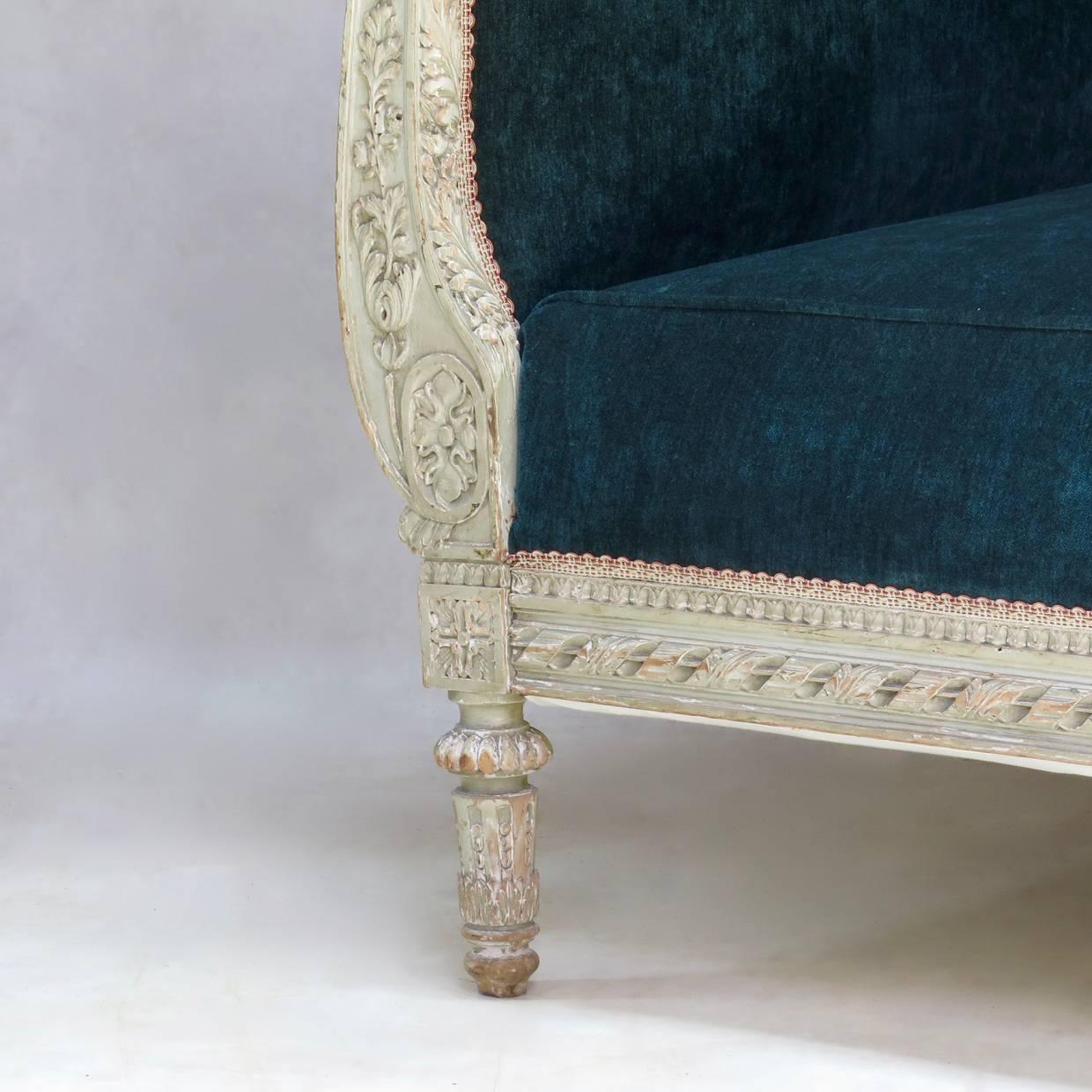 Louis XVI Style Teal Velvet Upholstered Settee, France, 19th Century 1