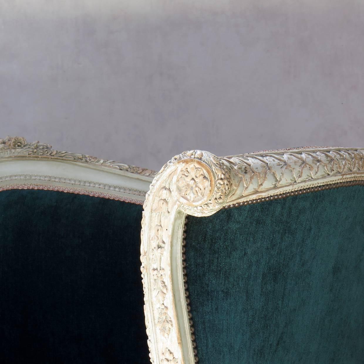 Louis XVI Style Teal Velvet Upholstered Settee, France, 19th Century 4