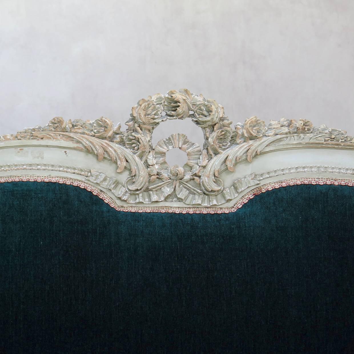 Louis XVI Style Teal Velvet Upholstered Settee, France, 19th Century 2