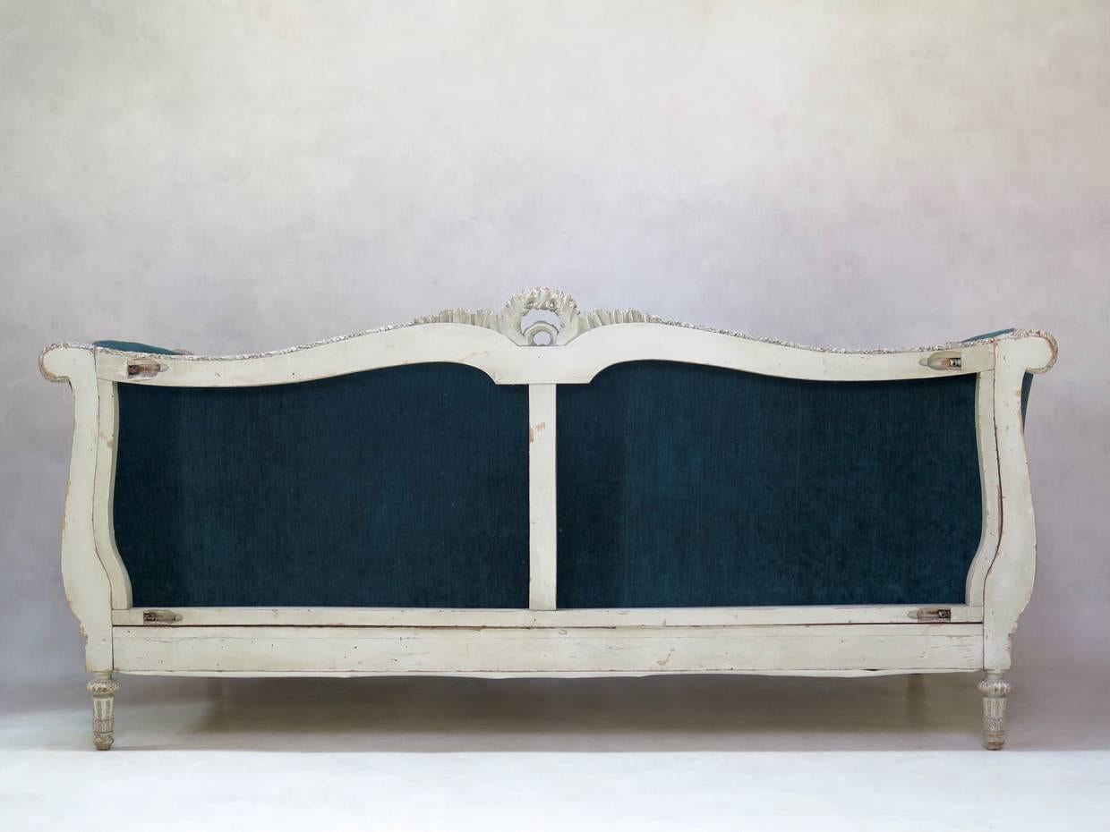 Louis XVI Style Teal Velvet Upholstered Settee, France, 19th Century 6