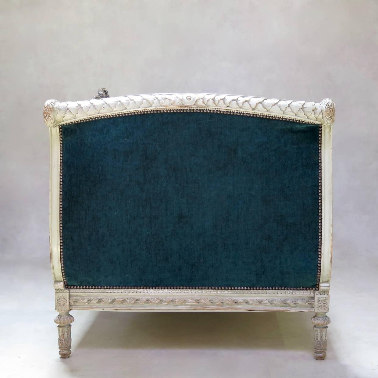 Louis XVI Style Teal Velvet Upholstered Settee, France, 19th Century 5