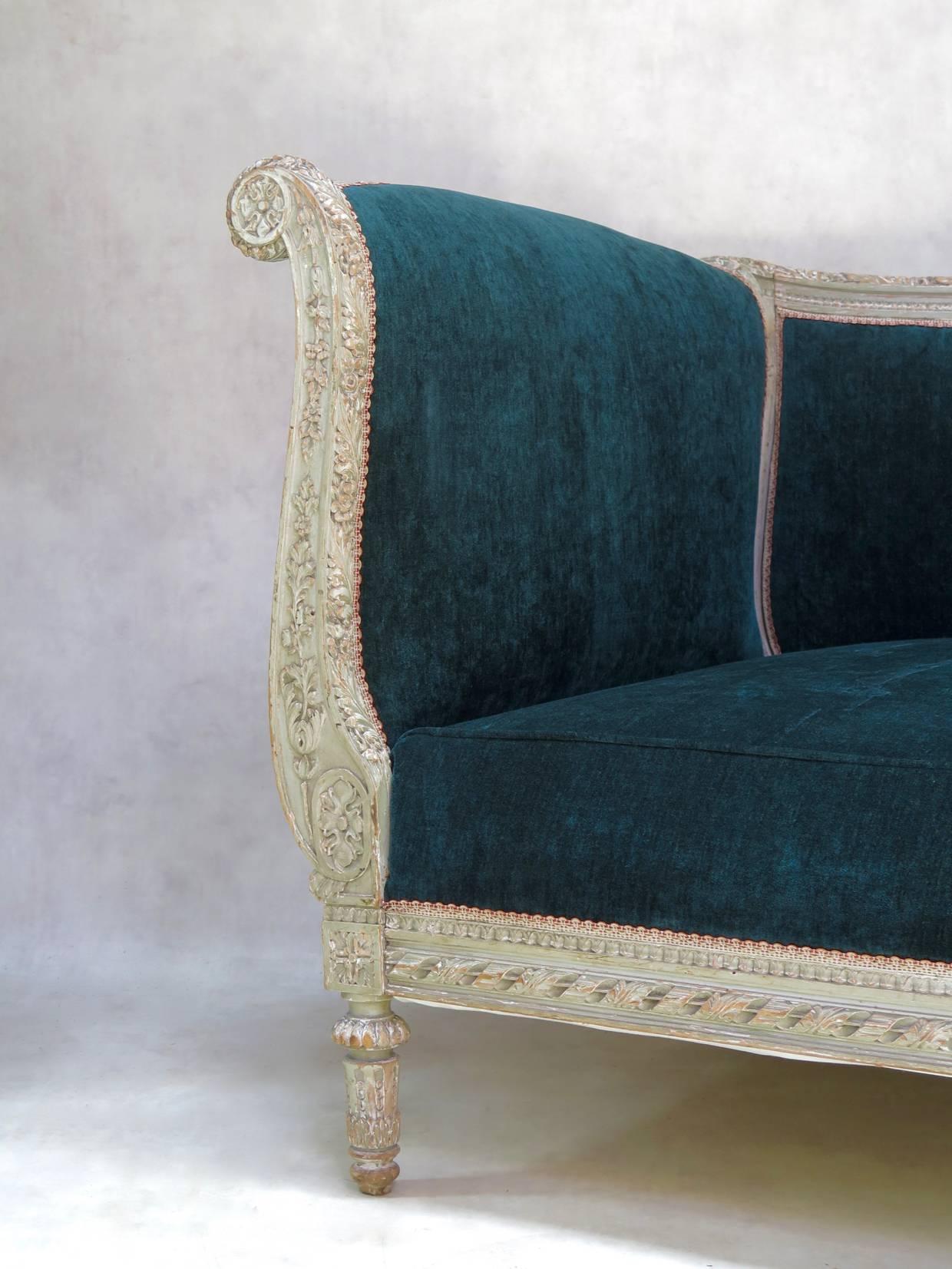 French Louis XVI Style Teal Velvet Upholstered Settee, France, 19th Century