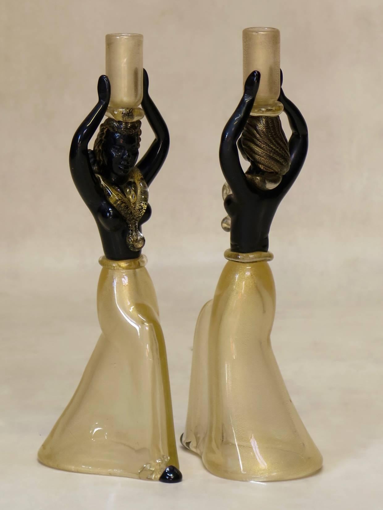 Italian Black and Gold Murano Glass Candle Sticks, Italy, circa 1940s