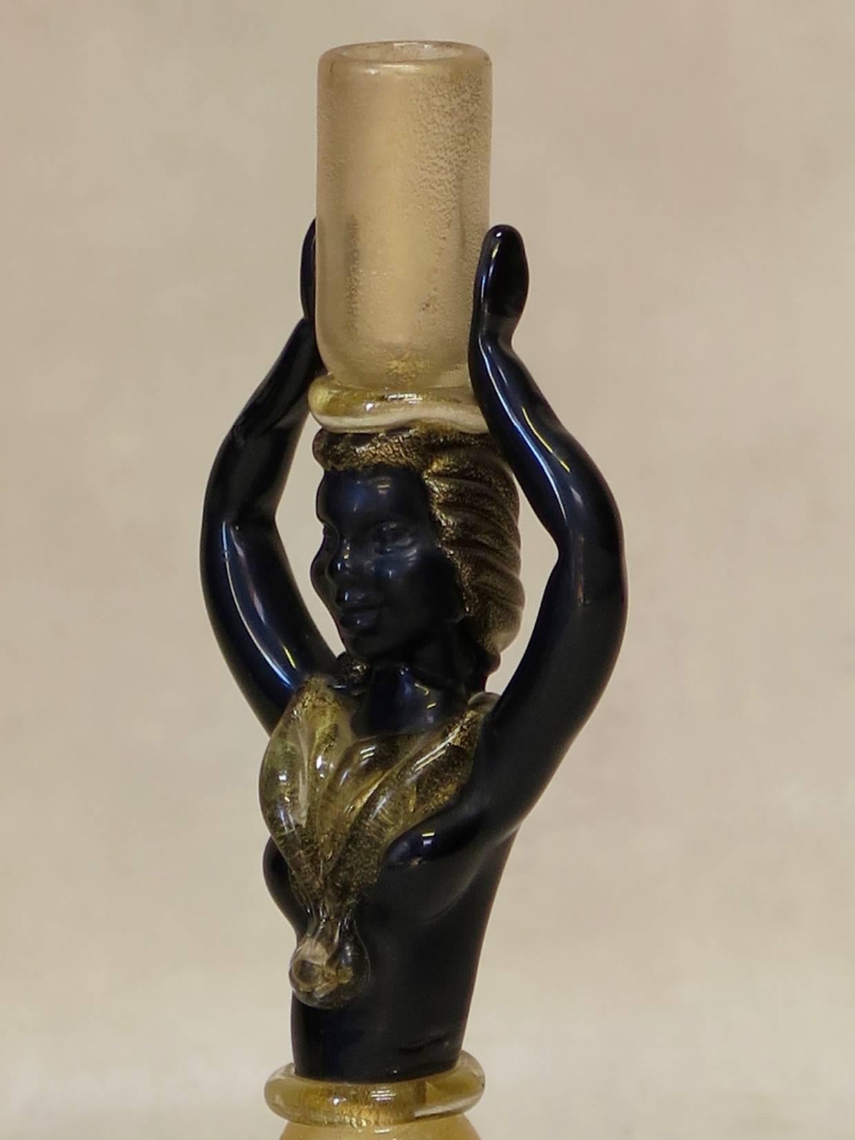 Cut Glass Black and Gold Murano Glass Candle Sticks, Italy, circa 1940s
