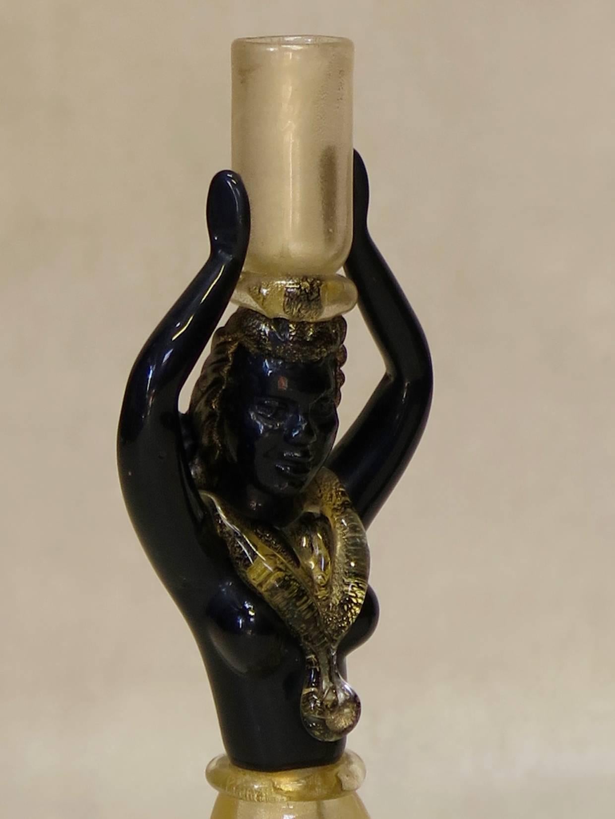 20th Century Black and Gold Murano Glass Candle Sticks, Italy, circa 1940s