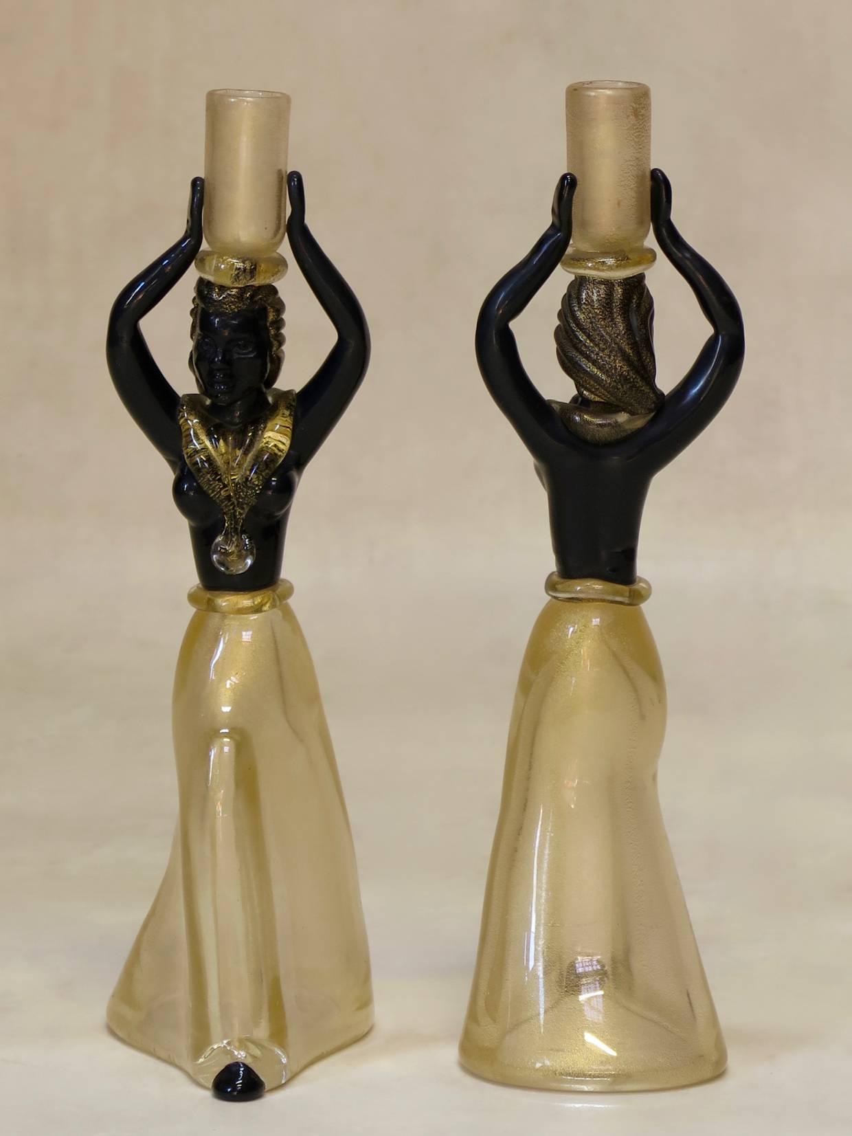 Black and Gold Murano Glass Candle Sticks, Italy, circa 1940s In Excellent Condition In Isle Sur La Sorgue, Vaucluse