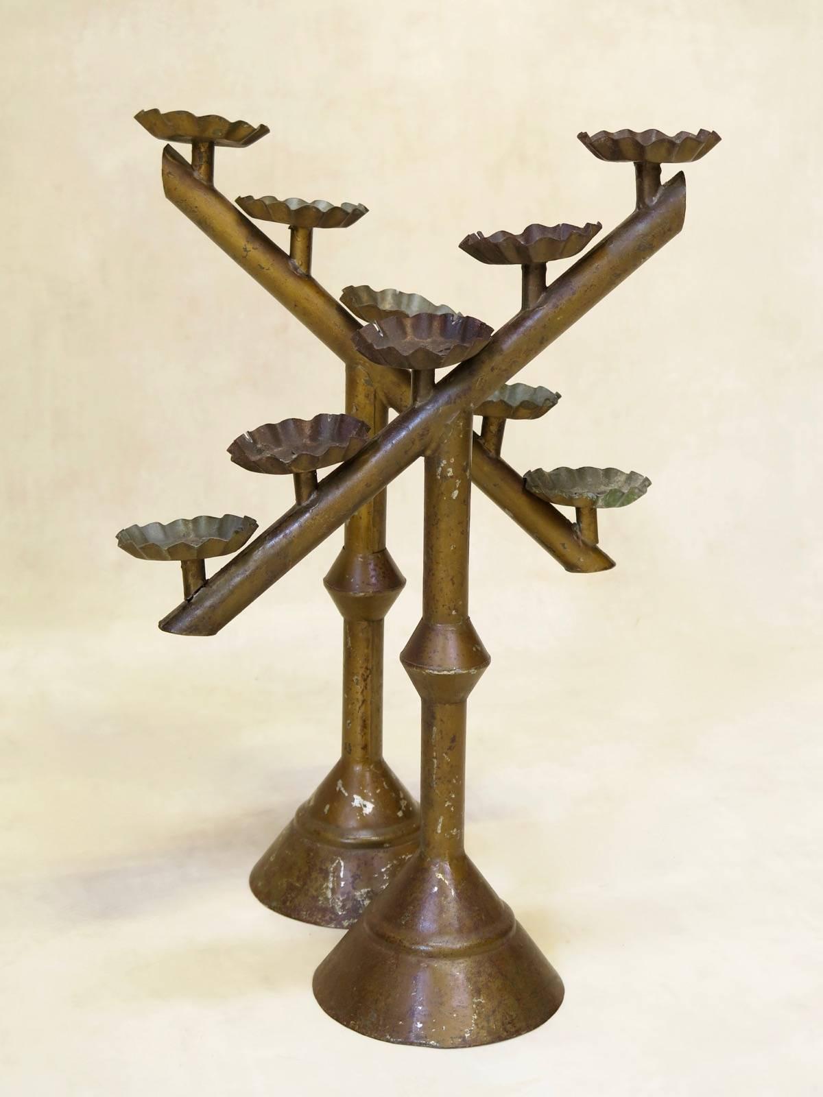 French Pair of Tole Peinte Candleholders, France, circa 1920s For Sale