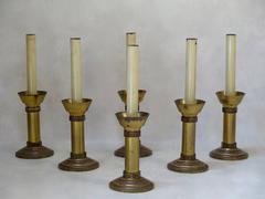 Set of Six Large Brass Candleholders and a Crucifix, France, Early 20th Century