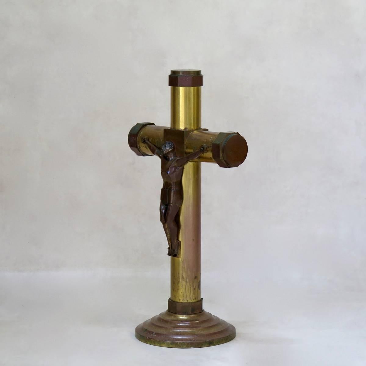 French Set of Six Large Brass Candleholders and a Crucifix, France, Early 20th Century For Sale