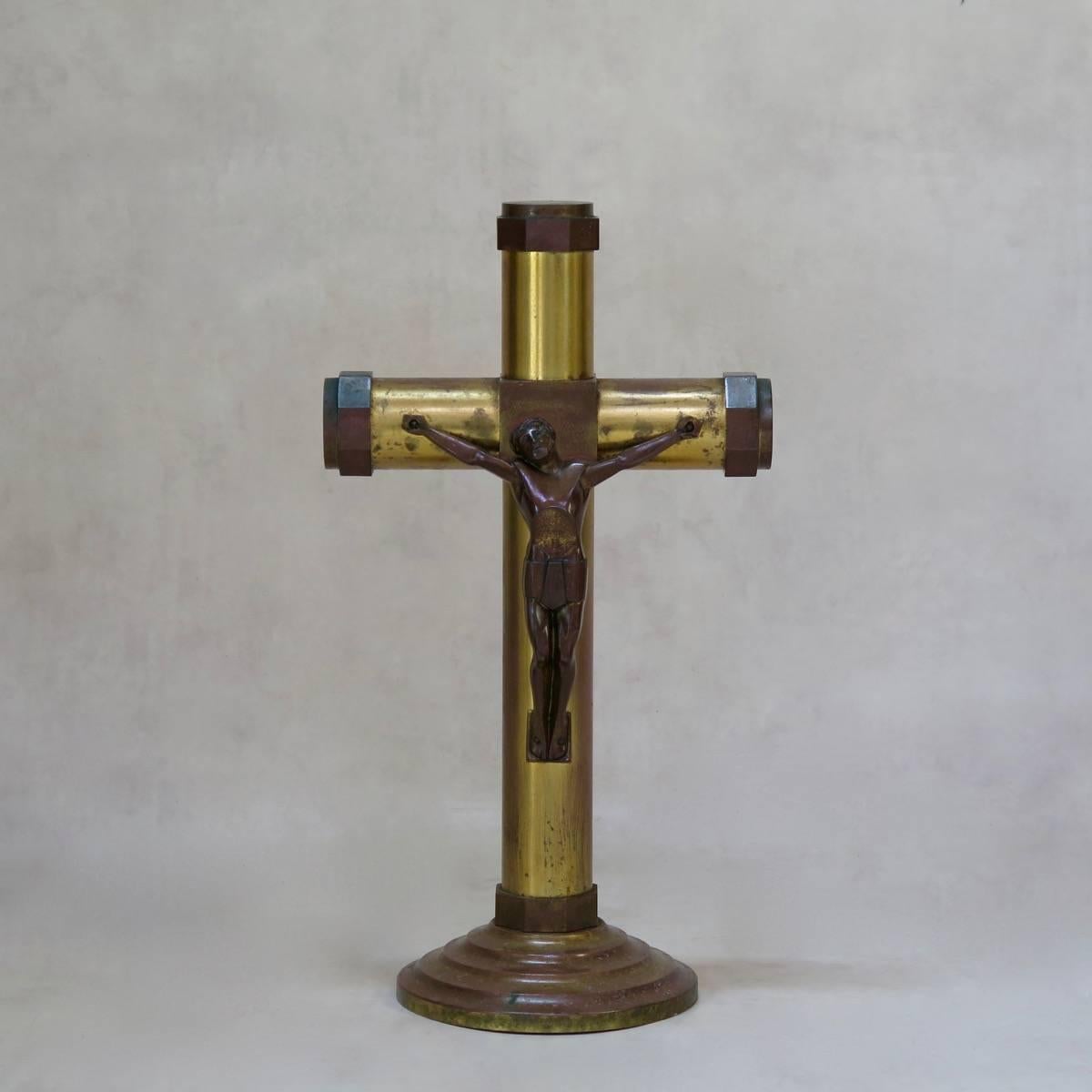 Art Deco Set of Six Large Brass Candleholders and a Crucifix, France, Early 20th Century For Sale
