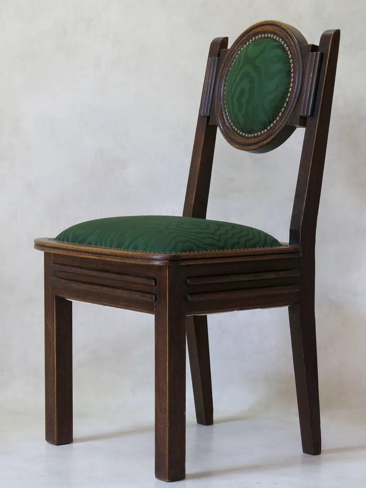 French Set of Six Oak Art Deco Dining Chairs, France, circa 1930s