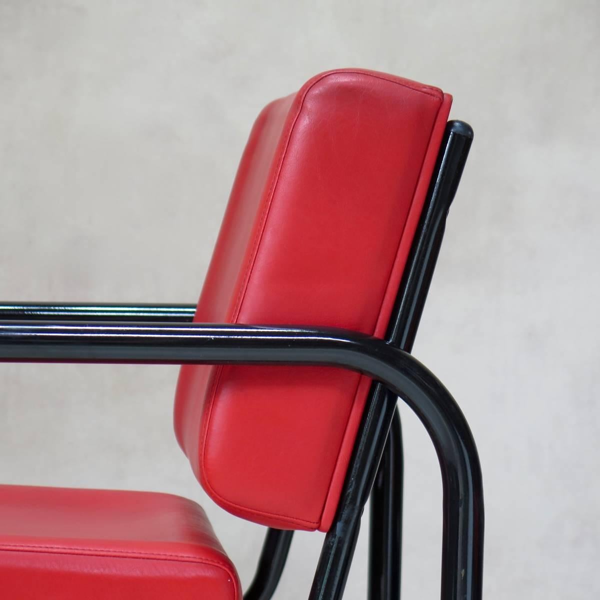Lacquered Tubular Metal and Faux Leather Armchair, France, circa 1950s For Sale