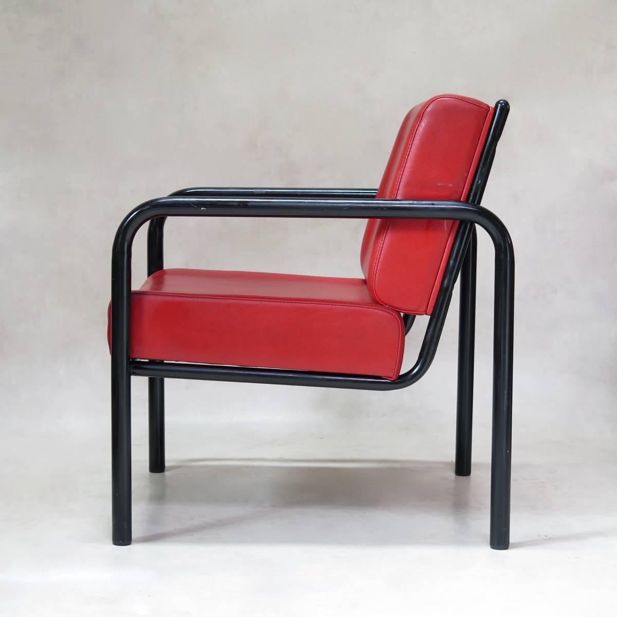 French Tubular Metal and Faux Leather Armchair, France, circa 1950s For Sale