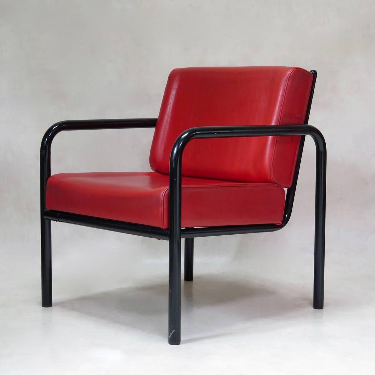 Mid-Century Modern Tubular Metal and Faux Leather Armchair, France, circa 1950s For Sale