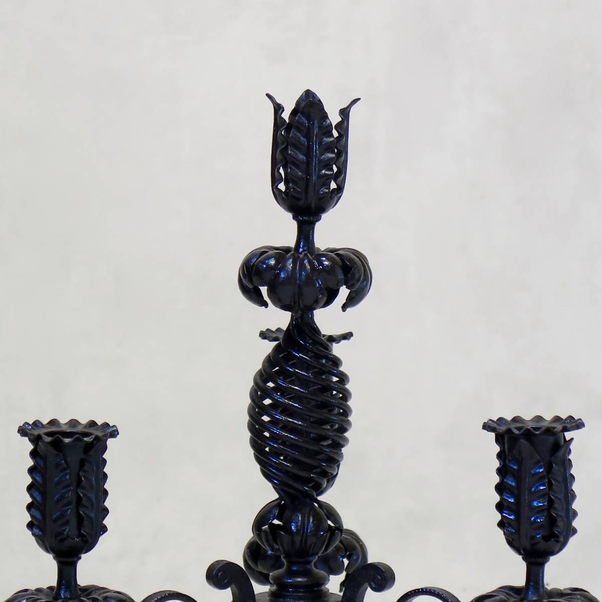 19th Century Pair of Iron Candelabras with Phoenix Decor, France, circa 1880s For Sale