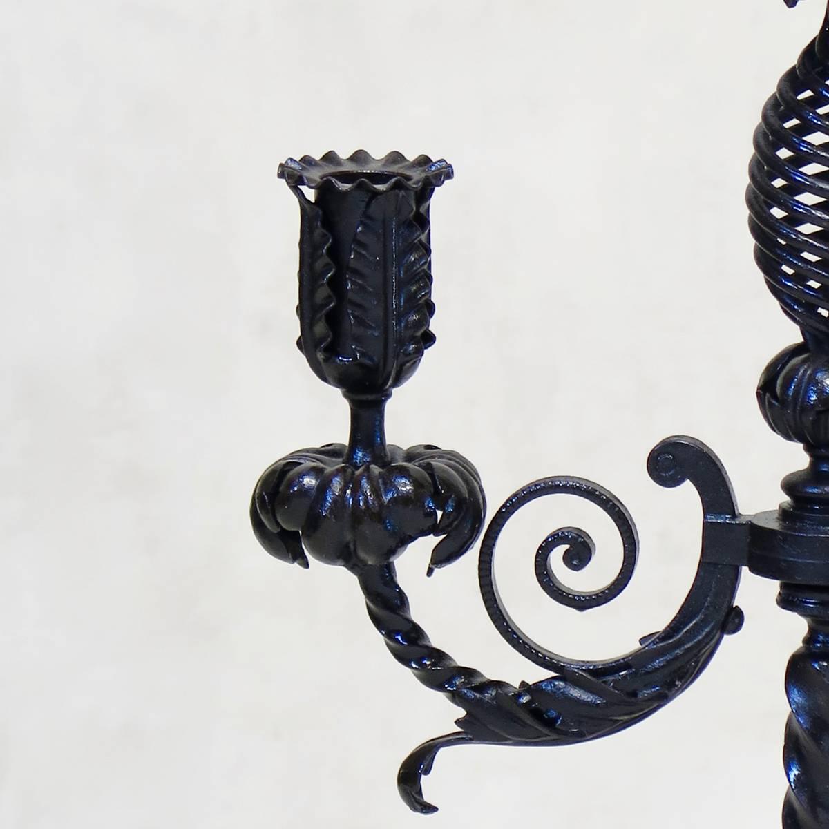 Wrought Iron Pair of Iron Candelabras with Phoenix Decor, France, circa 1880s For Sale