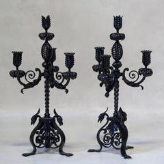 Pair of Iron Candelabras with Phoenix Decor, France, circa 1880s