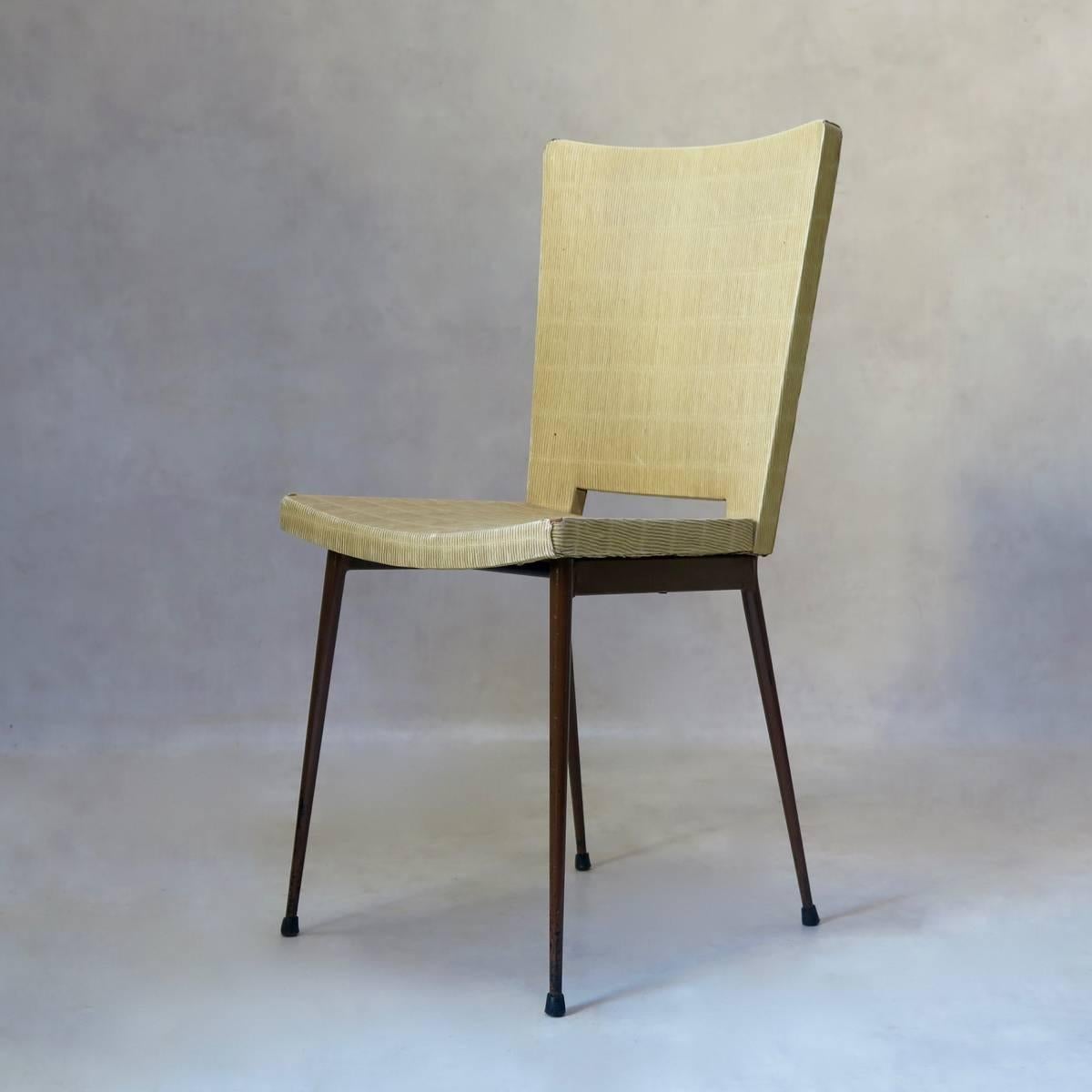 Mid-Century Modern Set of Four Faux-Rush Dining Chairs Attributed to Colette Gueden, France, 1950s For Sale