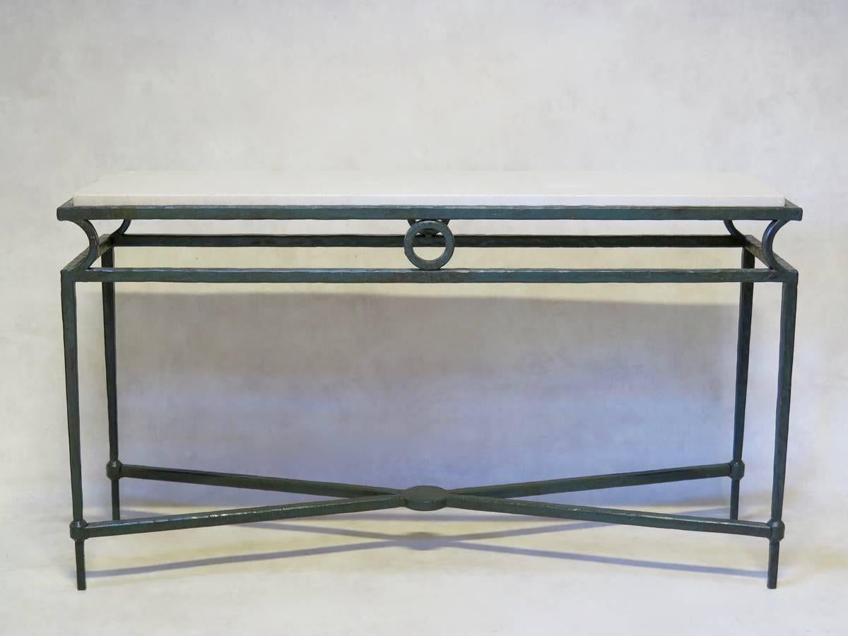 Chic Art Deco-style console table of Minimalist design. Hammered iron with green/grey finish. White stone top.