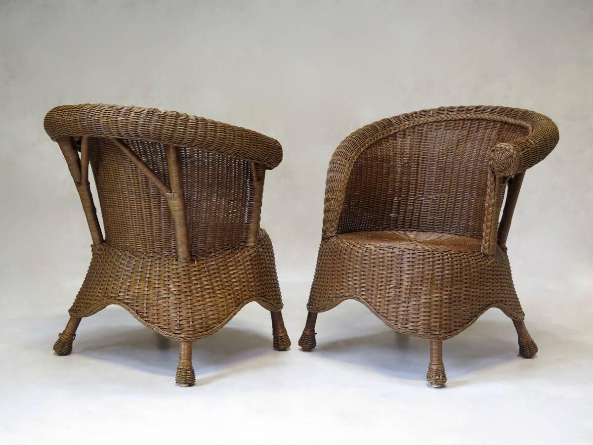 Mid-Century Modern Wickerwork Set of Two Armchairs and  a Table, France, circa 1950s