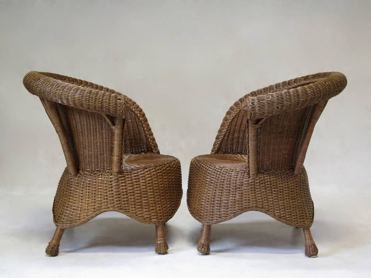 French Wickerwork Set of Two Armchairs and  a Table, France, circa 1950s