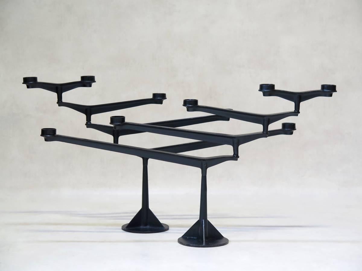 Mid-Century Modern Large Pair of Mid-Century Pivoting Cast Iron Candleholders For Sale