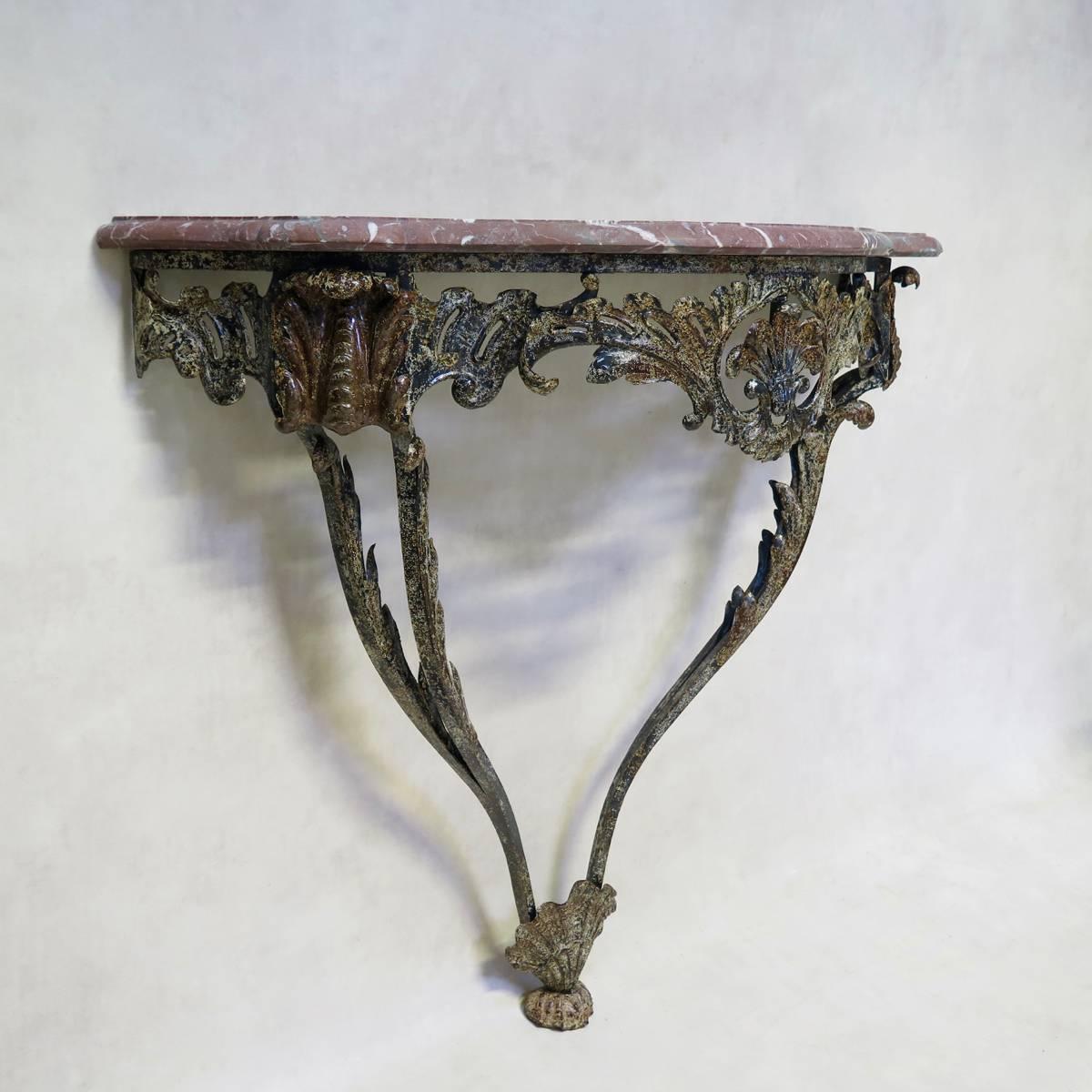 Unusual Wrought Iron and Marble Rocaille-Style Console, France, circa 1940s For Sale 1