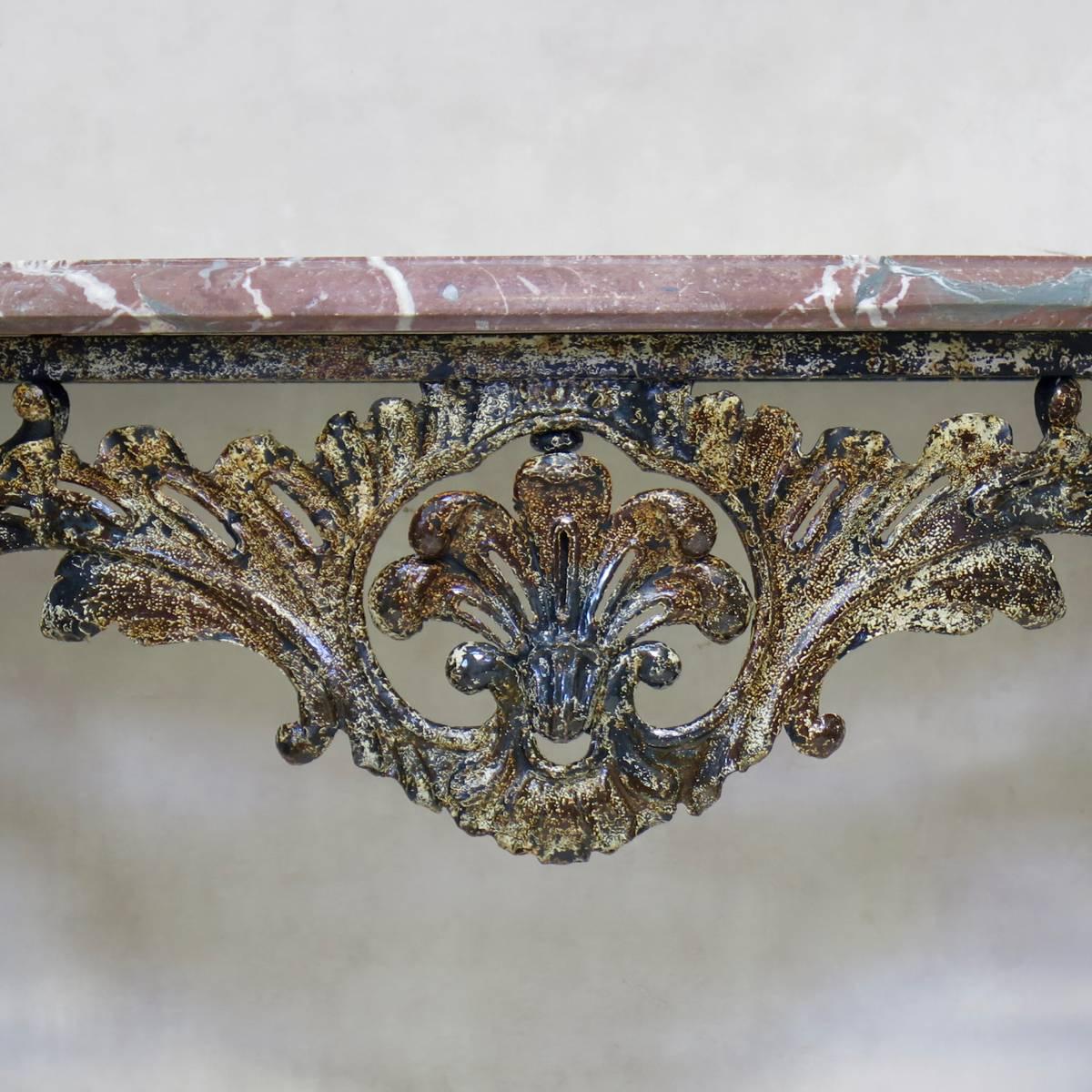 Painted Unusual Wrought Iron and Marble Rocaille-Style Console, France, circa 1940s For Sale