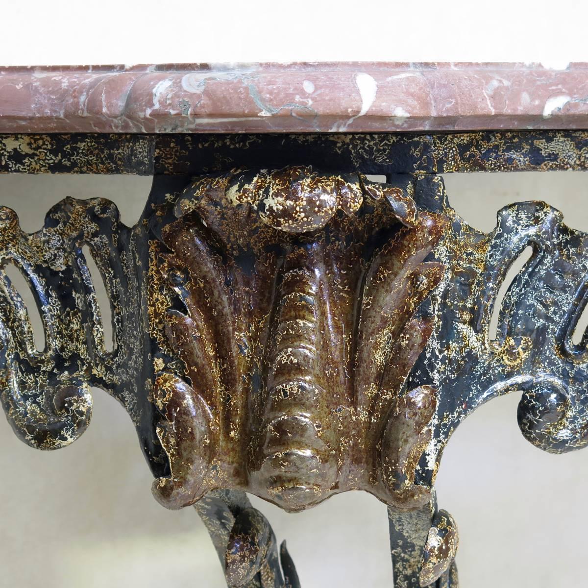 Louis XV Unusual Wrought Iron and Marble Rocaille-Style Console, France, circa 1940s For Sale